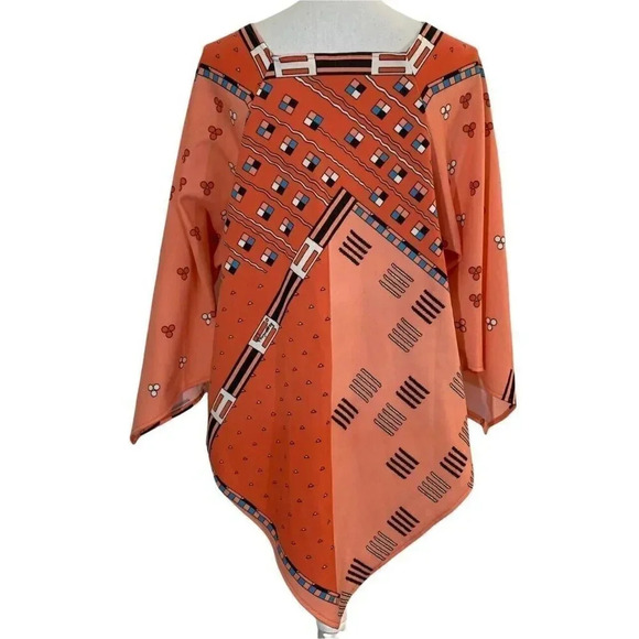 Peach and Orange 70s Top Geometric Retro Pointed Hem Flared Sleeves Boho Hippie - Picture 3 of 11